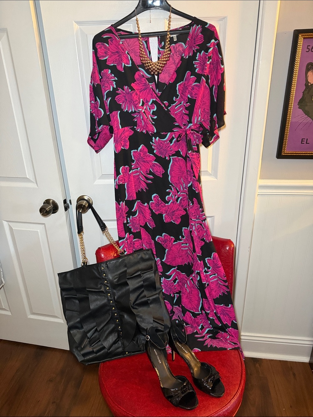 Monteau XL Black Pink Floral Faux Wrap Midi/Maxi Dress Flutter Sleeve